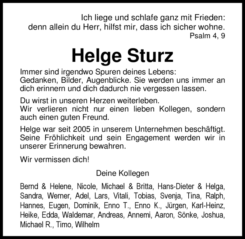  Traueranzeige für Helge Sturz vom 02.06.2012 aus Nordwest-Zeitung