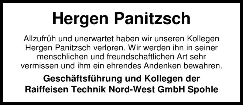  Traueranzeige für Hergen Panitzsch vom 06.06.2012 aus Nordwest-Zeitung