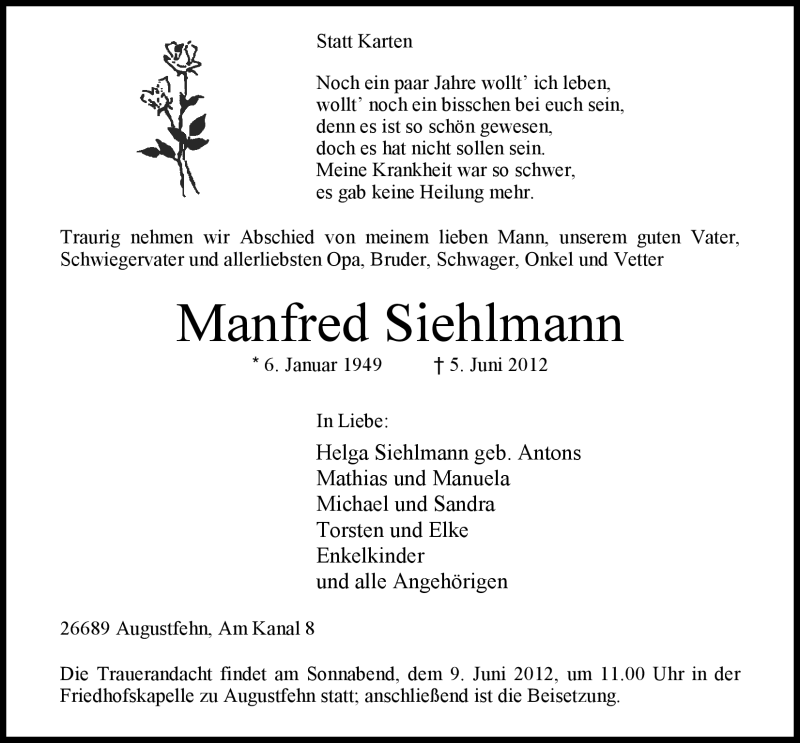 Traueranzeige für Manfred Siehlmann vom 06.06.2012 aus Nordwest-Zeitung