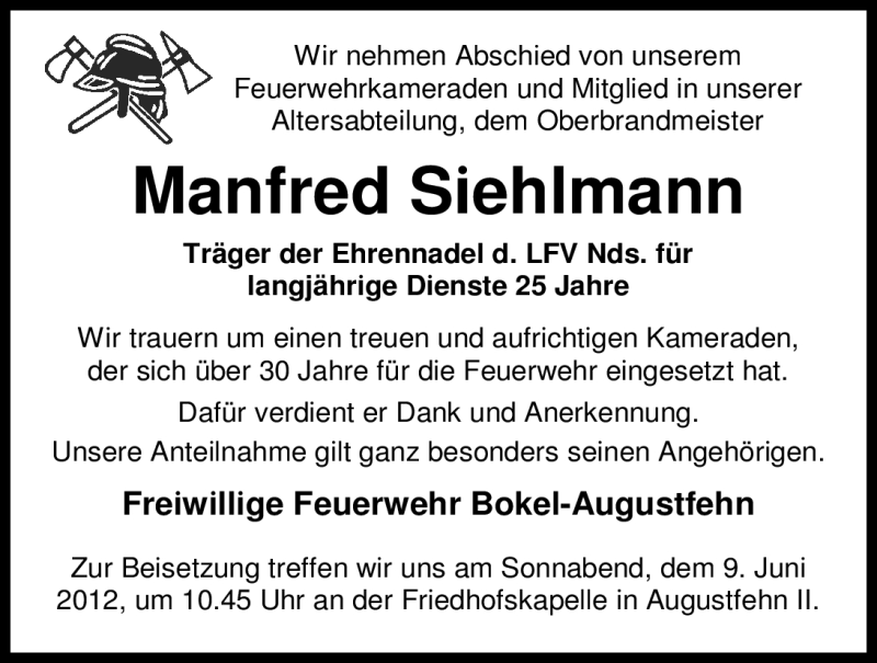  Traueranzeige für Manfred Siehlmann vom 07.06.2012 aus Nordwest-Zeitung