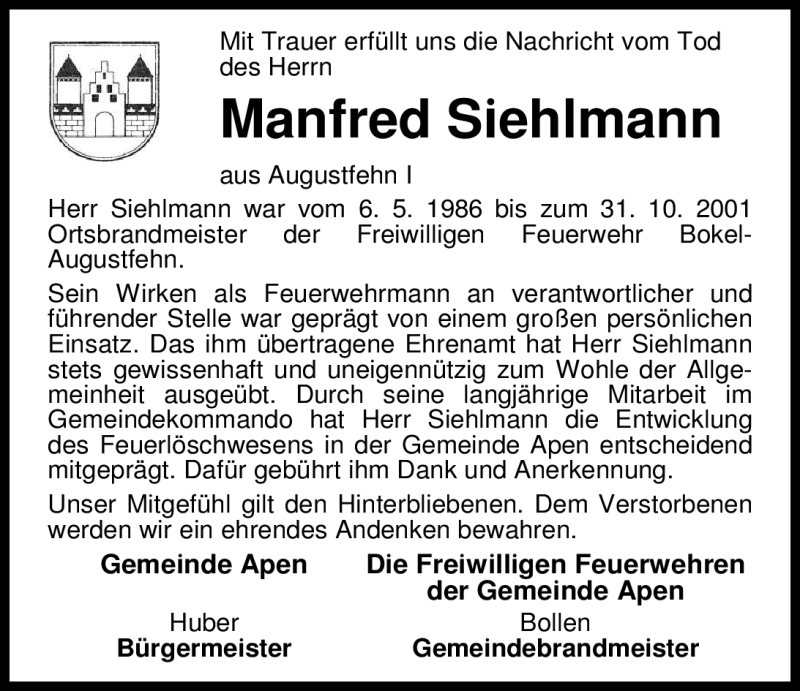  Traueranzeige für Manfred Siehlmann vom 09.06.2012 aus Nordwest-Zeitung