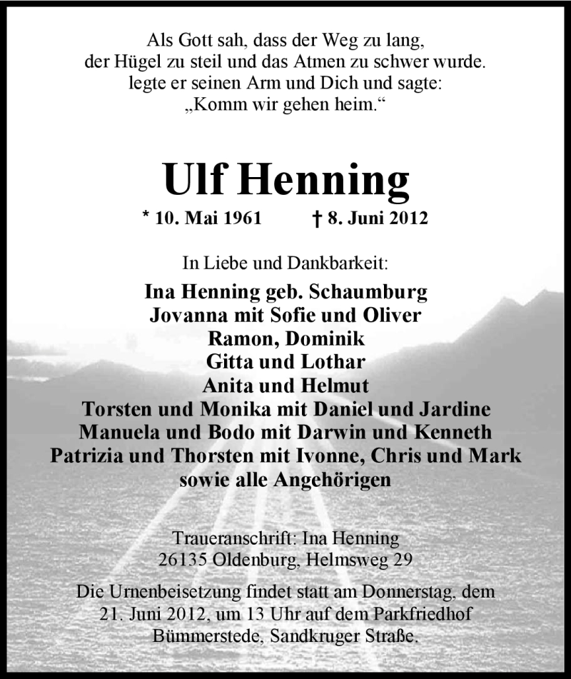  Traueranzeige für Ulf Henning vom 13.06.2012 aus Nordwest-Zeitung