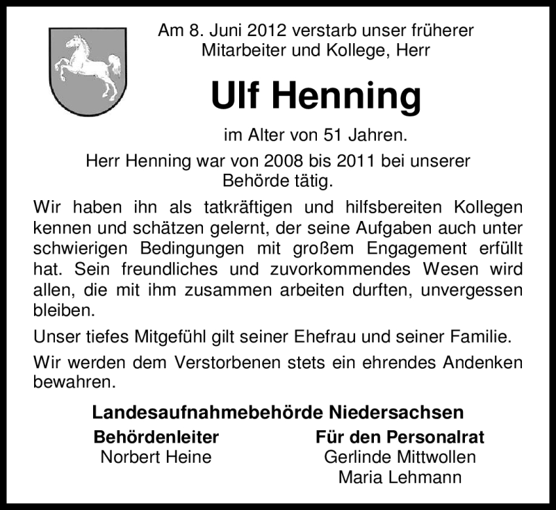  Traueranzeige für Ulf Henning vom 23.06.2012 aus Nordwest-Zeitung