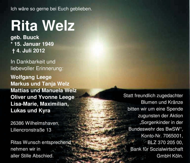  Traueranzeige für Rita Welz vom 07.07.2012 aus Nordwest-Zeitung