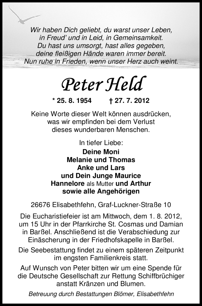  Traueranzeige für Peter Held vom 28.07.2012 aus Nordwest-Zeitung