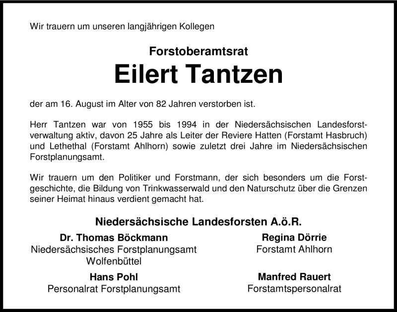  Traueranzeige für Eilert Tantzen vom 21.08.2012 aus Nordwest-Zeitung