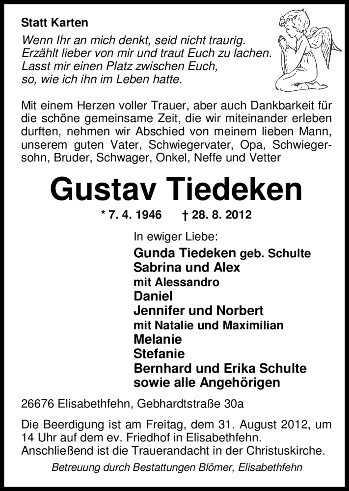  Traueranzeige für Gustav Tiedeken vom 30.08.2012 aus Nordwest-Zeitung