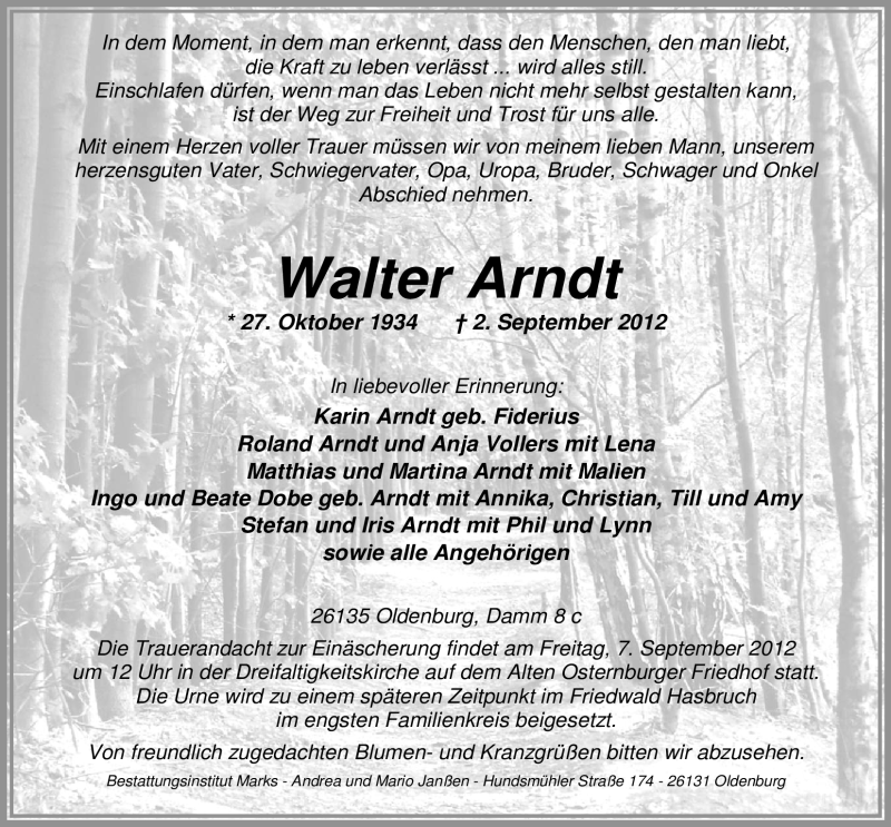  Traueranzeige für Walter Arndt vom 04.09.2012 aus Nordwest-Zeitung