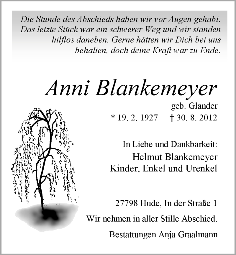  Traueranzeige für Anni Blankemeyer vom 04.09.2012 aus Nordwest-Zeitung