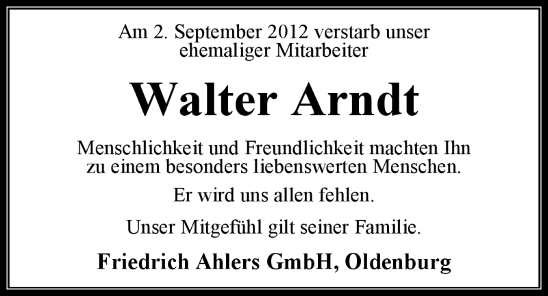  Traueranzeige für Walter Arndt vom 07.09.2012 aus Nordwest-Zeitung