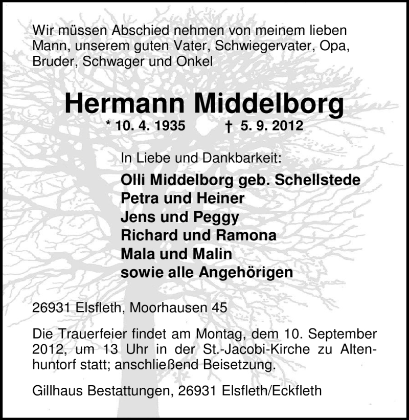  Traueranzeige für Hermann Middelborg vom 06.09.2012 aus Nordwest-Zeitung
