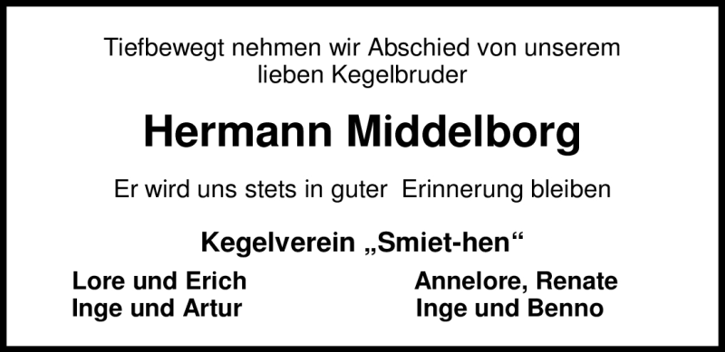 Traueranzeige für Hermann Middelborg vom 07.09.2012 aus Nordwest-Zeitung