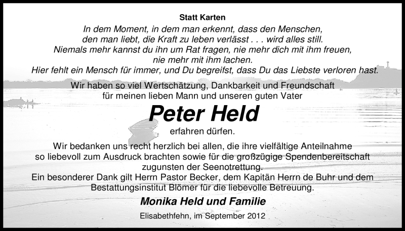 Traueranzeige für Peter Held vom 15.09.2012 aus Nordwest-Zeitung