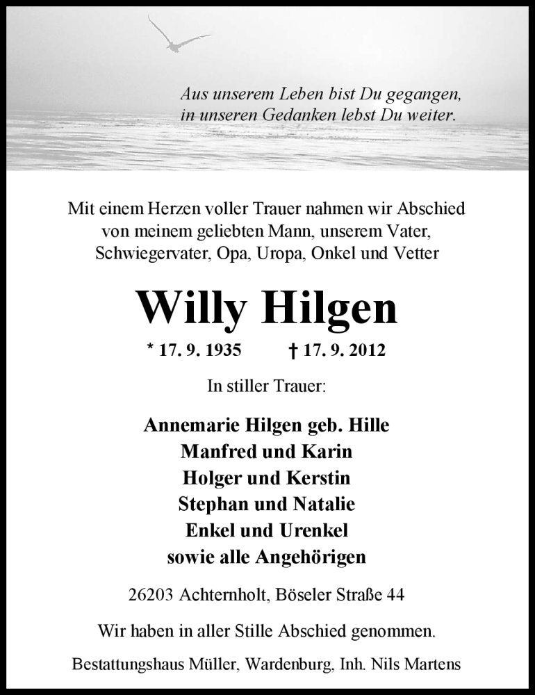 Traueranzeigen Von Willy Hilgen Nordwest Trauer De