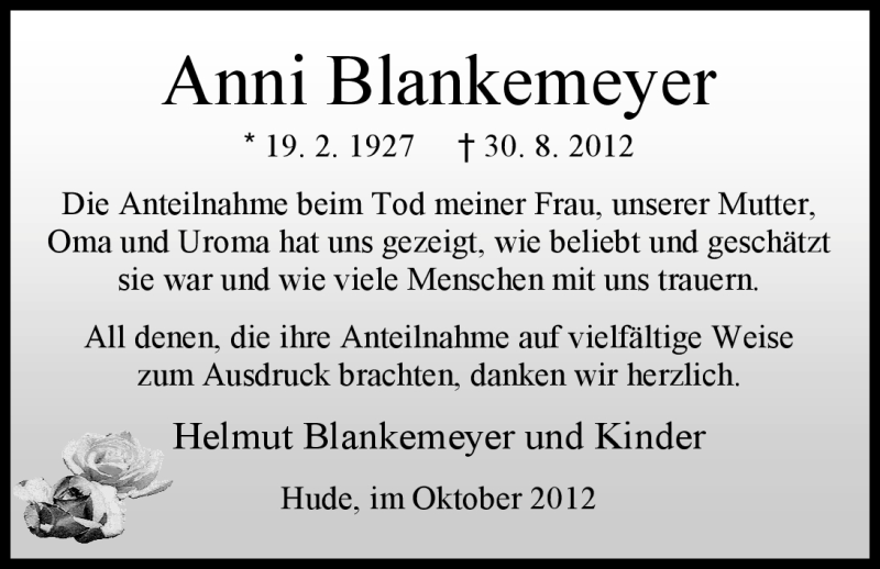  Traueranzeige für Anni Blankemeyer vom 06.10.2012 aus Nordwest-Zeitung