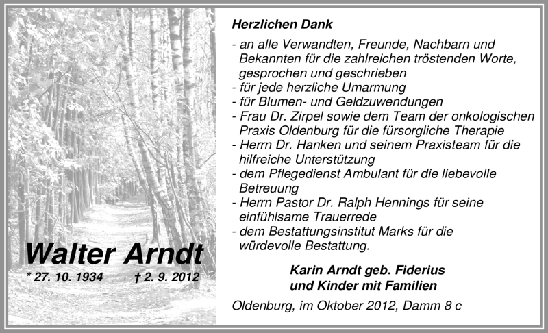  Traueranzeige für Walter Arndt vom 13.10.2012 aus Nordwest-Zeitung
