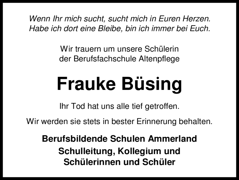  Traueranzeige für Frauke Büsing vom 12.10.2012 aus Nordwest-Zeitung