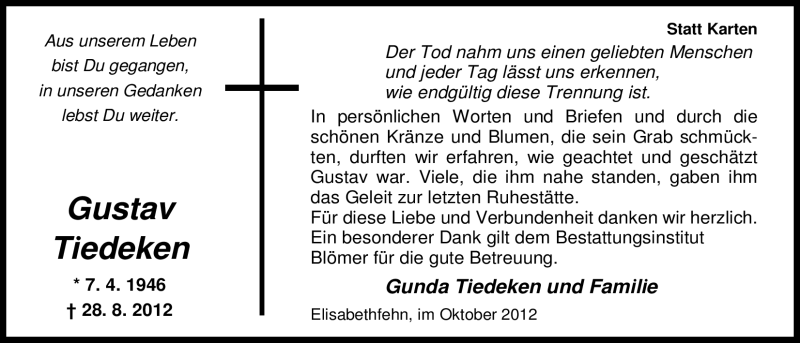 Traueranzeige für Gustav Tiedeken vom 13.10.2012 aus Nordwest-Zeitung