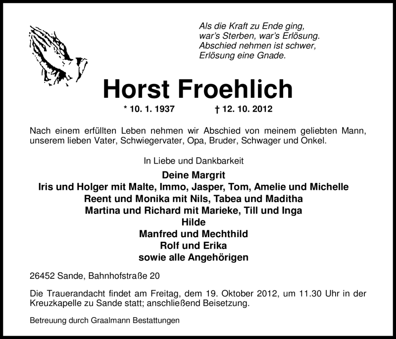 Traueranzeigen Von Horst Froehlich Nordwest Trauer De