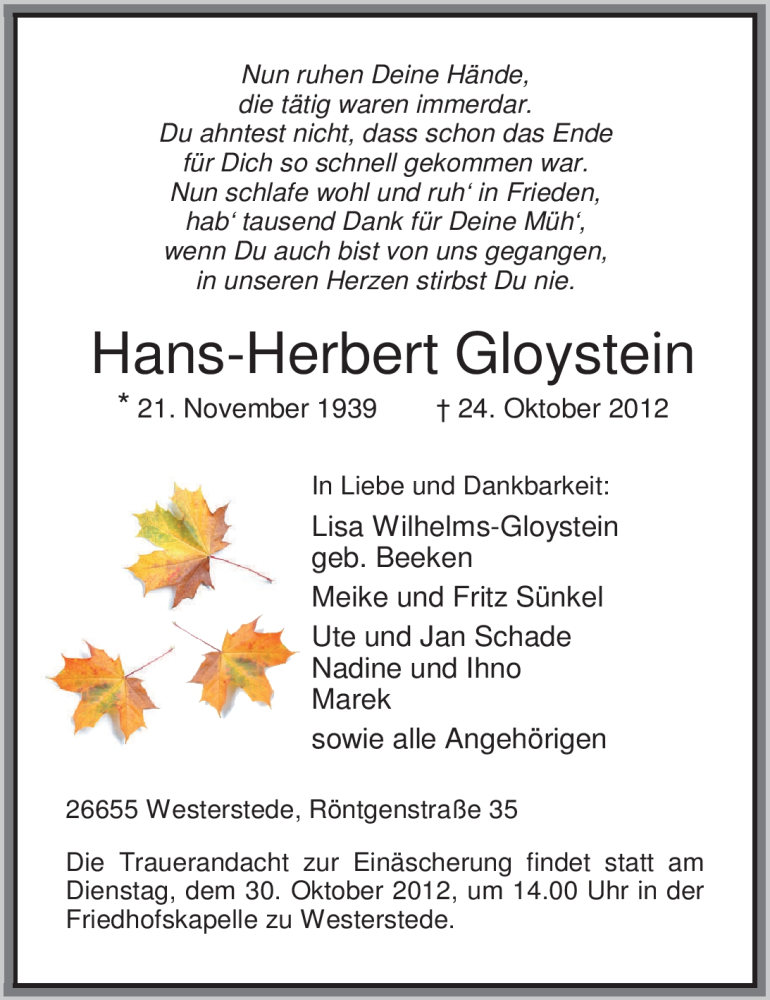  Traueranzeige für Hans-Herbert Gloystein vom 26.10.2012 aus Nordwest-Zeitung