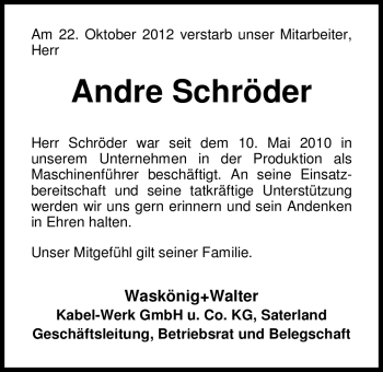 Traueranzeigen Von Andre Schr Der Nordwest Trauer De