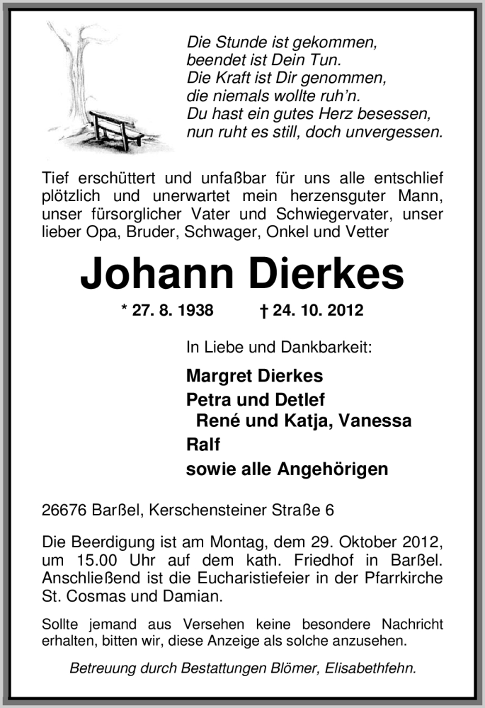  Traueranzeige für Johann Dierkes vom 26.10.2012 aus Nordwest-Zeitung
