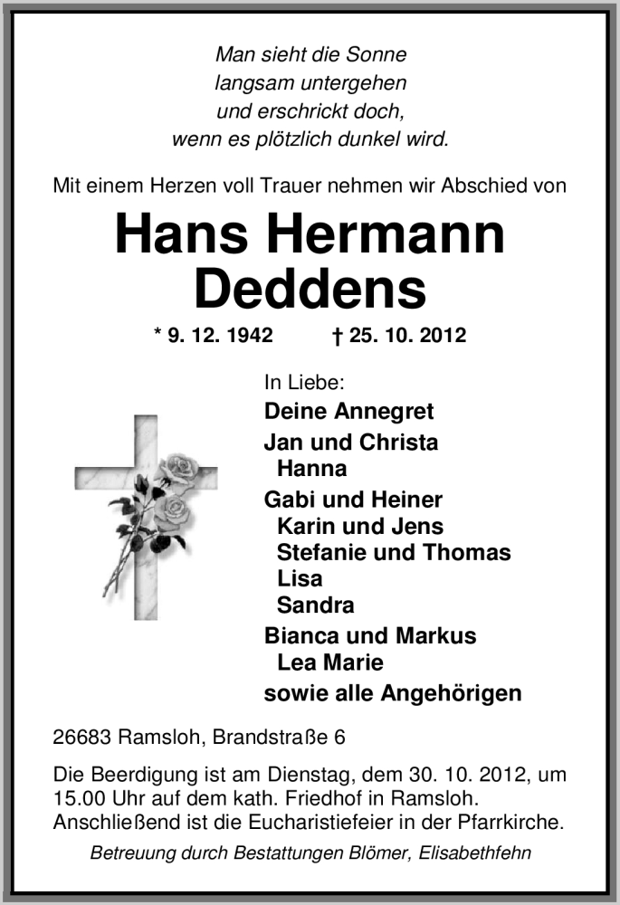  Traueranzeige für Hans Hermann Deddens vom 26.10.2012 aus Nordwest-Zeitung