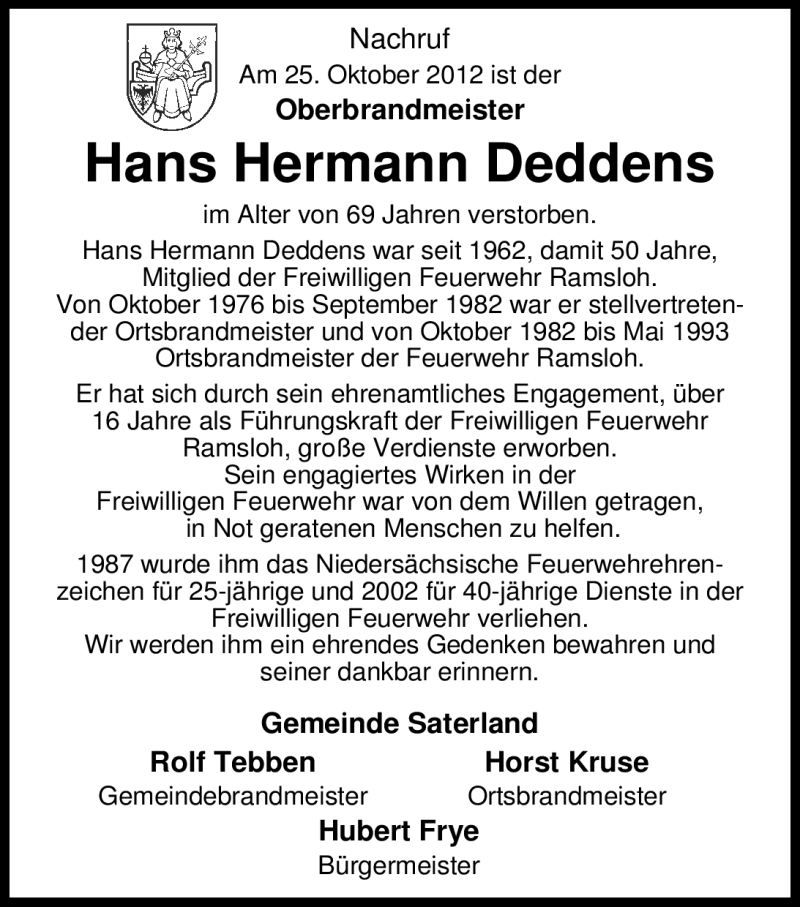 Traueranzeige für Hans Hermann Deddens vom 27.10.2012 aus Nordwest-Zeitung