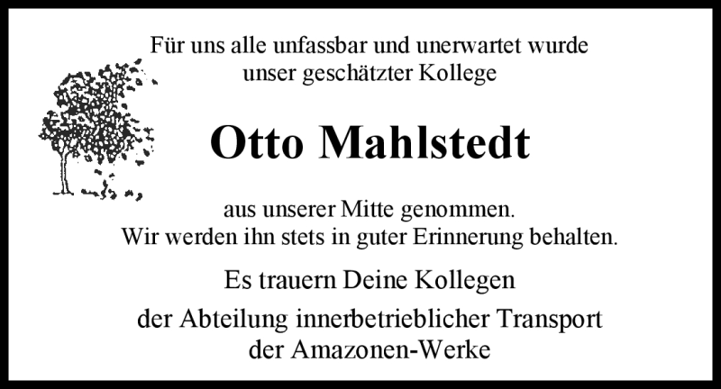  Traueranzeige für Ottokar Mahlstedt vom 03.11.2012 aus Nordwest-Zeitung