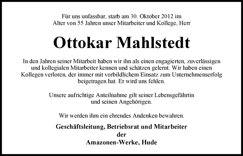  Traueranzeige für Ottokar Mahlstedt vom 03.11.2012 aus Nordwest-Zeitung