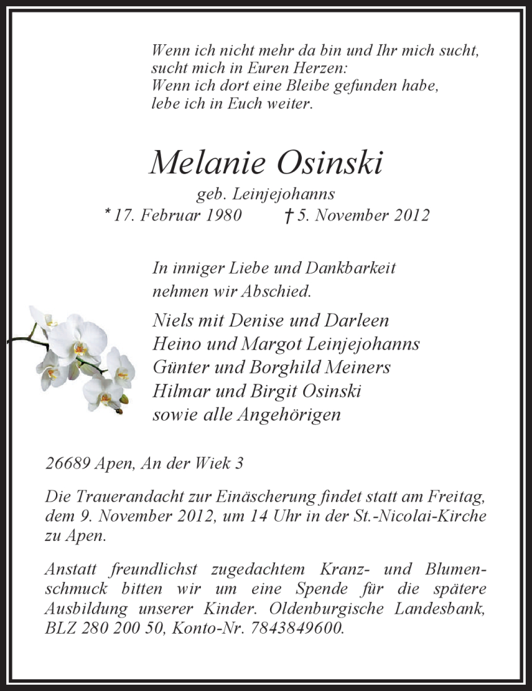  Traueranzeige für Melanie Osinski vom 06.11.2012 aus Nordwest-Zeitung