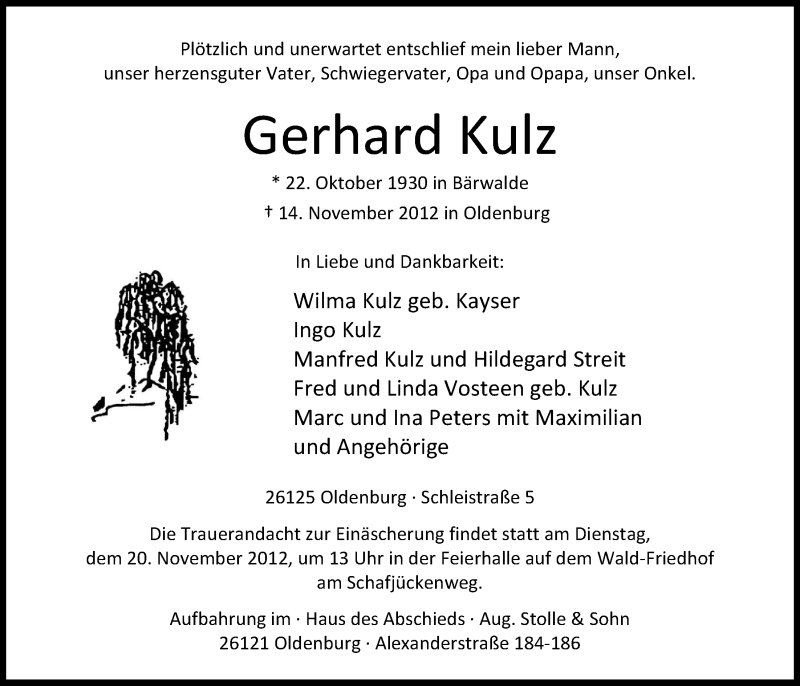  Traueranzeige für Gerhard Kulz vom 16.11.2012 aus Nordwest-Zeitung