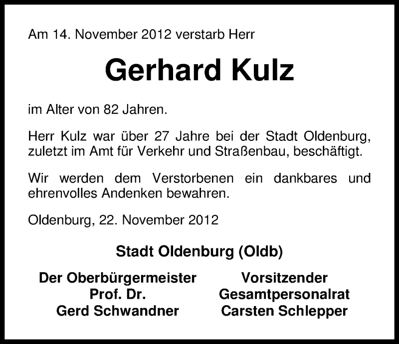  Traueranzeige für Gerhard Kulz vom 22.11.2012 aus Nordwest-Zeitung