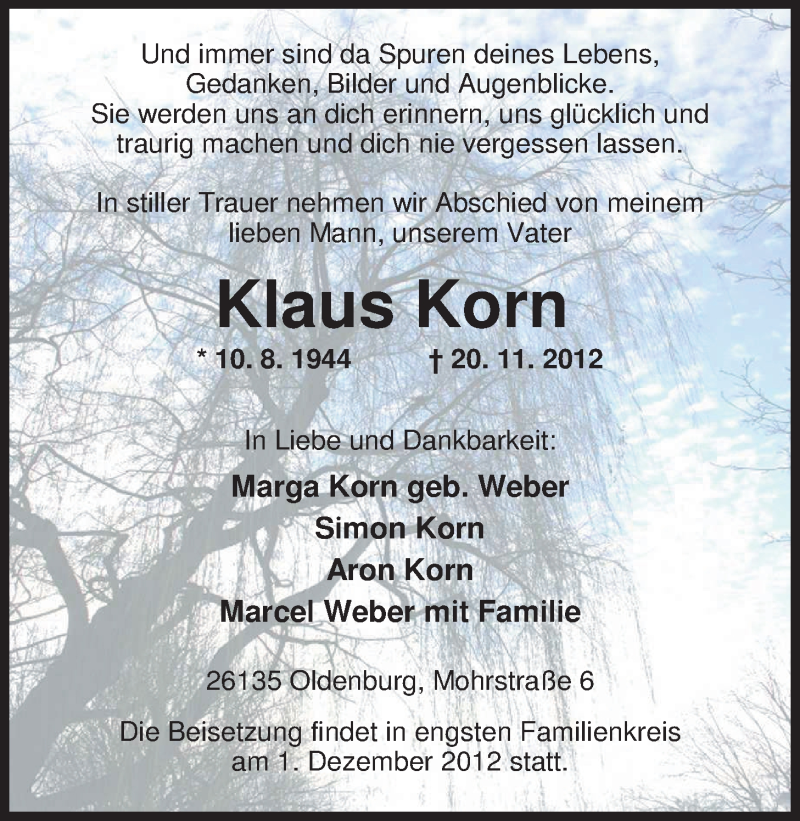  Traueranzeige für Klaus Korn vom 24.11.2012 aus Nordwest-Zeitung
