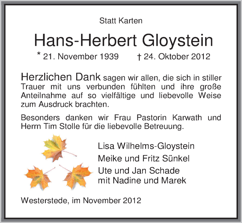  Traueranzeige für Hans-Herbert Gloystein vom 30.11.2012 aus Nordwest-Zeitung