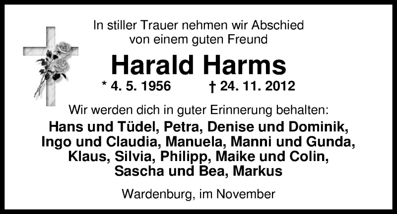  Traueranzeige für Harald Harms vom 30.11.2012 aus Nordwest-Zeitung