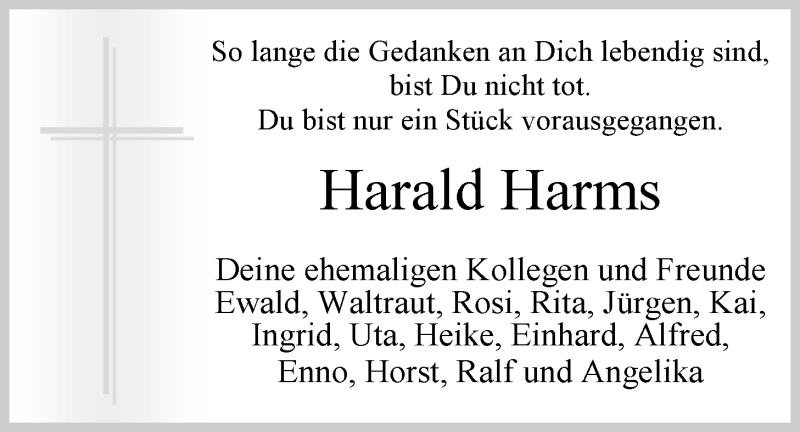  Traueranzeige für Harald Harms vom 04.12.2012 aus Nordwest-Zeitung