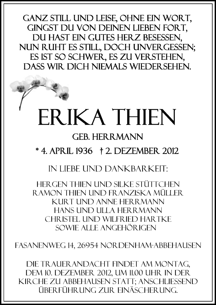 Traueranzeigen Von Erika Thien Nordwest Trauer De