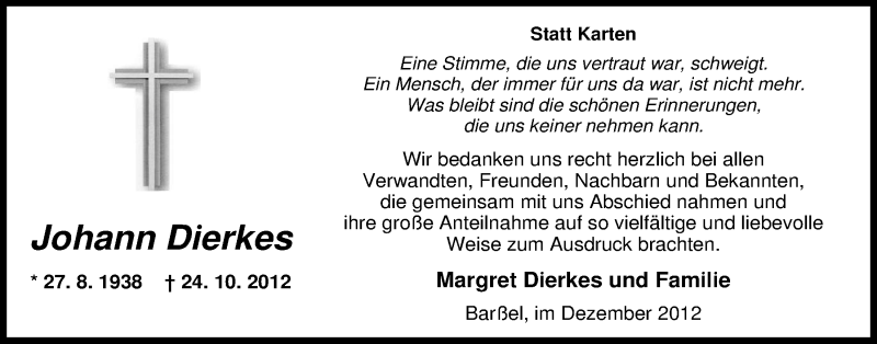  Traueranzeige für Johann Dierkes vom 08.12.2012 aus Nordwest-Zeitung