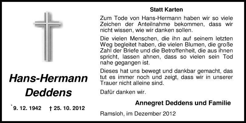  Traueranzeige für Hans Hermann Deddens vom 08.12.2012 aus Nordwest-Zeitung