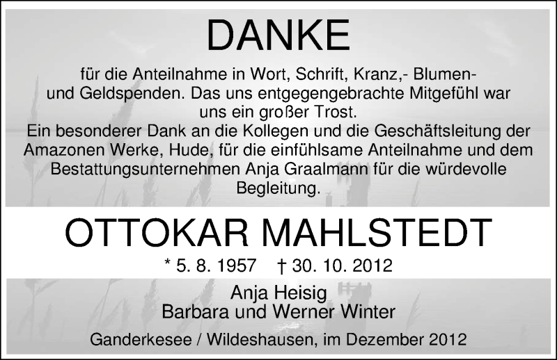  Traueranzeige für Ottokar Mahlstedt vom 08.12.2012 aus Nordwest-Zeitung