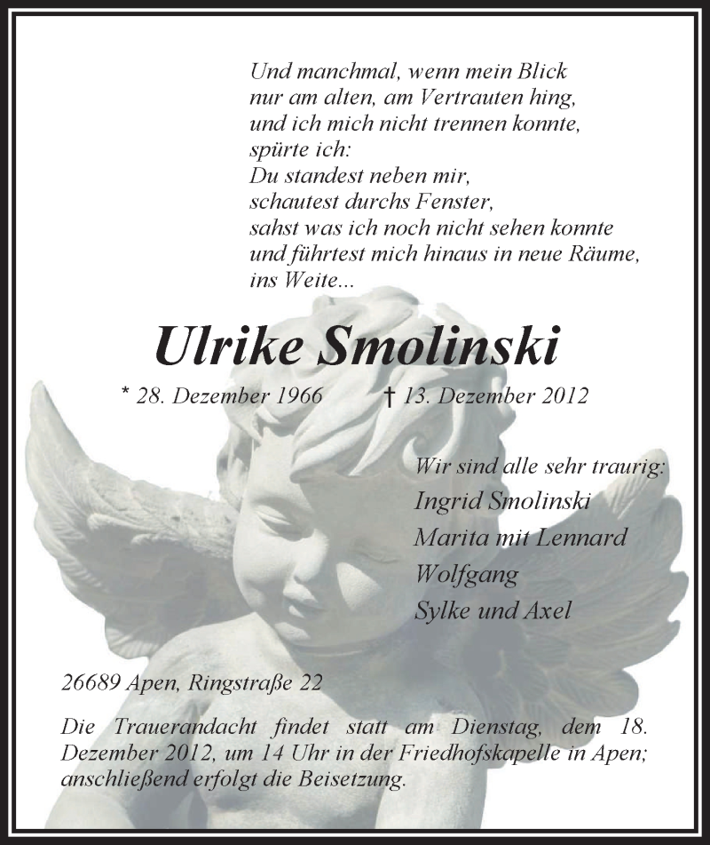  Traueranzeige für Ulrike Smolinski vom 17.12.2012 aus Nordwest-Zeitung