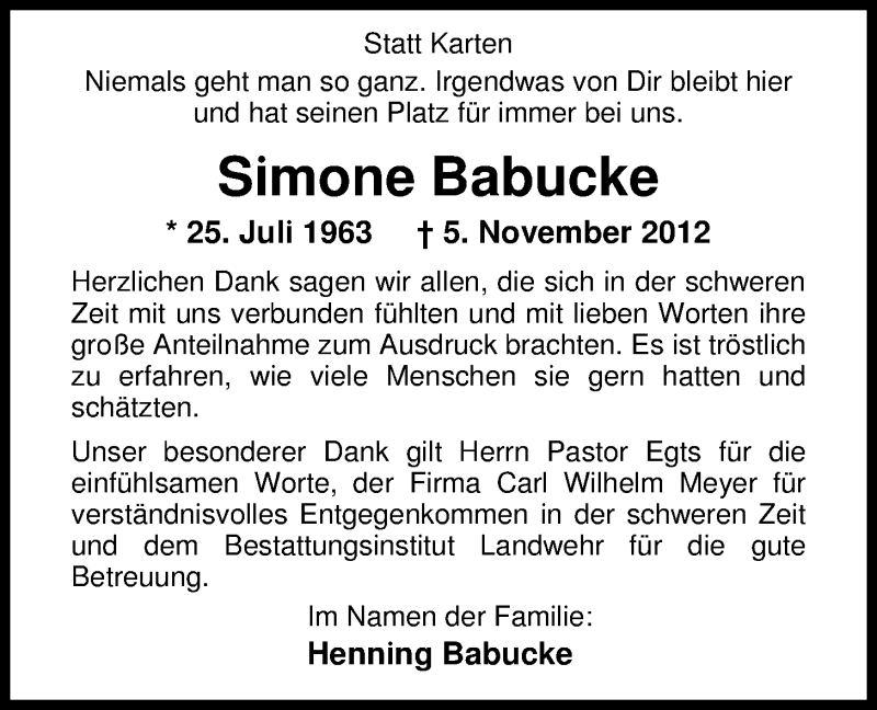  Traueranzeige für Simone Babucke vom 22.12.2012 aus Nordwest-Zeitung