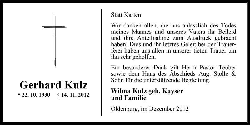  Traueranzeige für Gerhard Kulz vom 28.12.2012 aus Nordwest-Zeitung