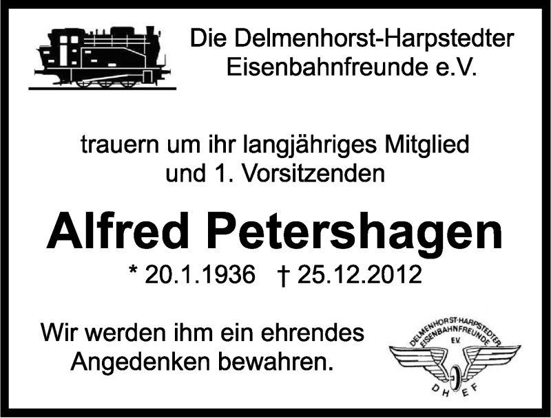  Traueranzeige für Alfred Petershagen vom 29.12.2012 aus Nordwest-Zeitung