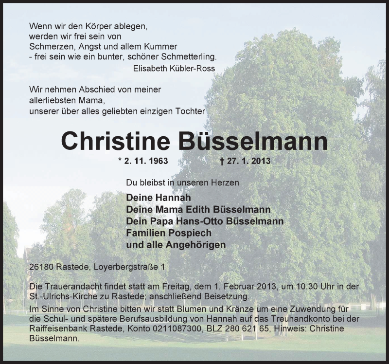  Traueranzeige für Christine Büsselmann vom 30.01.2013 aus Nordwest-Zeitung