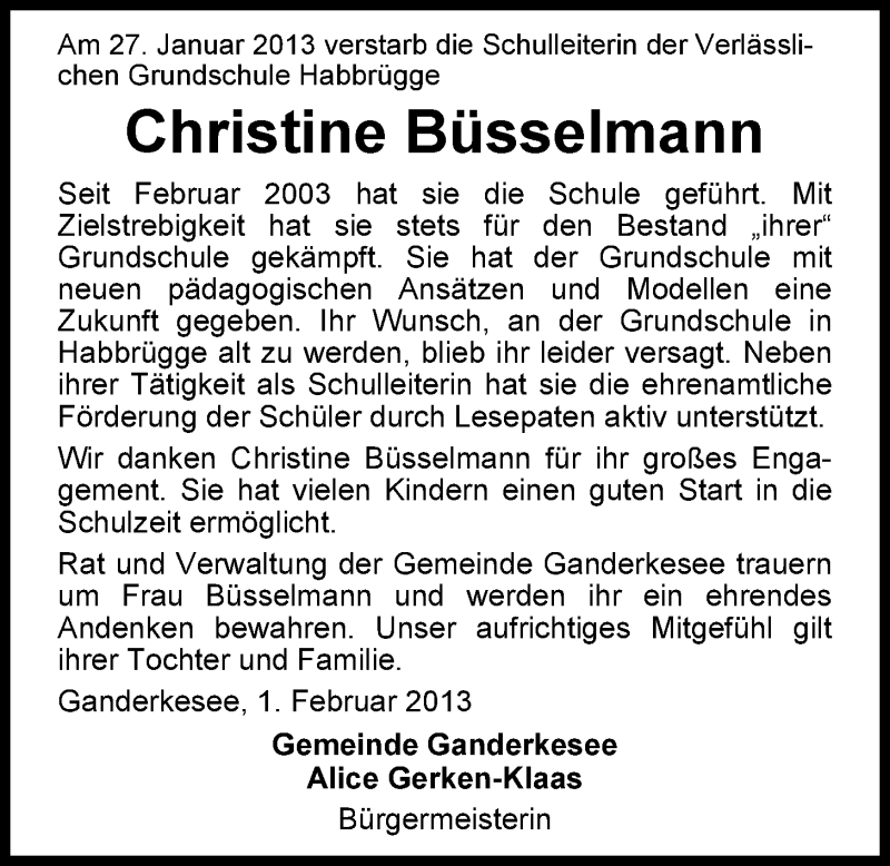  Traueranzeige für Christine Büsselmann vom 01.02.2013 aus Nordwest-Zeitung