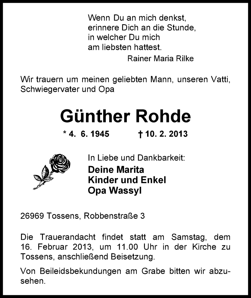  Traueranzeige für Günther Rohde vom 12.02.2013 aus Nordwest-Zeitung