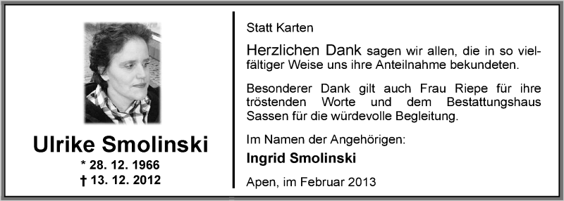  Traueranzeige für Ulrike Smolinski vom 15.02.2013 aus Nordwest-Zeitung