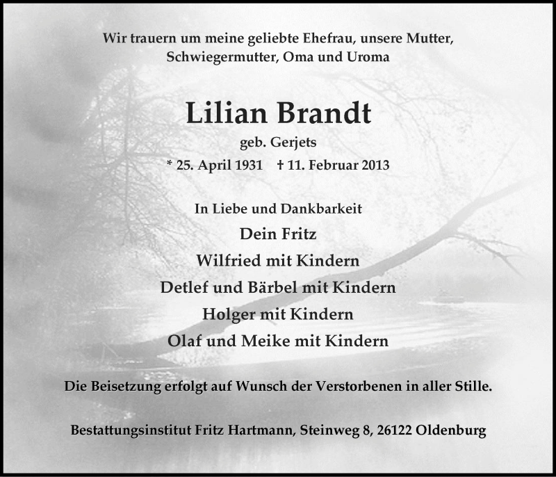  Traueranzeige für Lilian Brandt vom 16.02.2013 aus Nordwest-Zeitung
